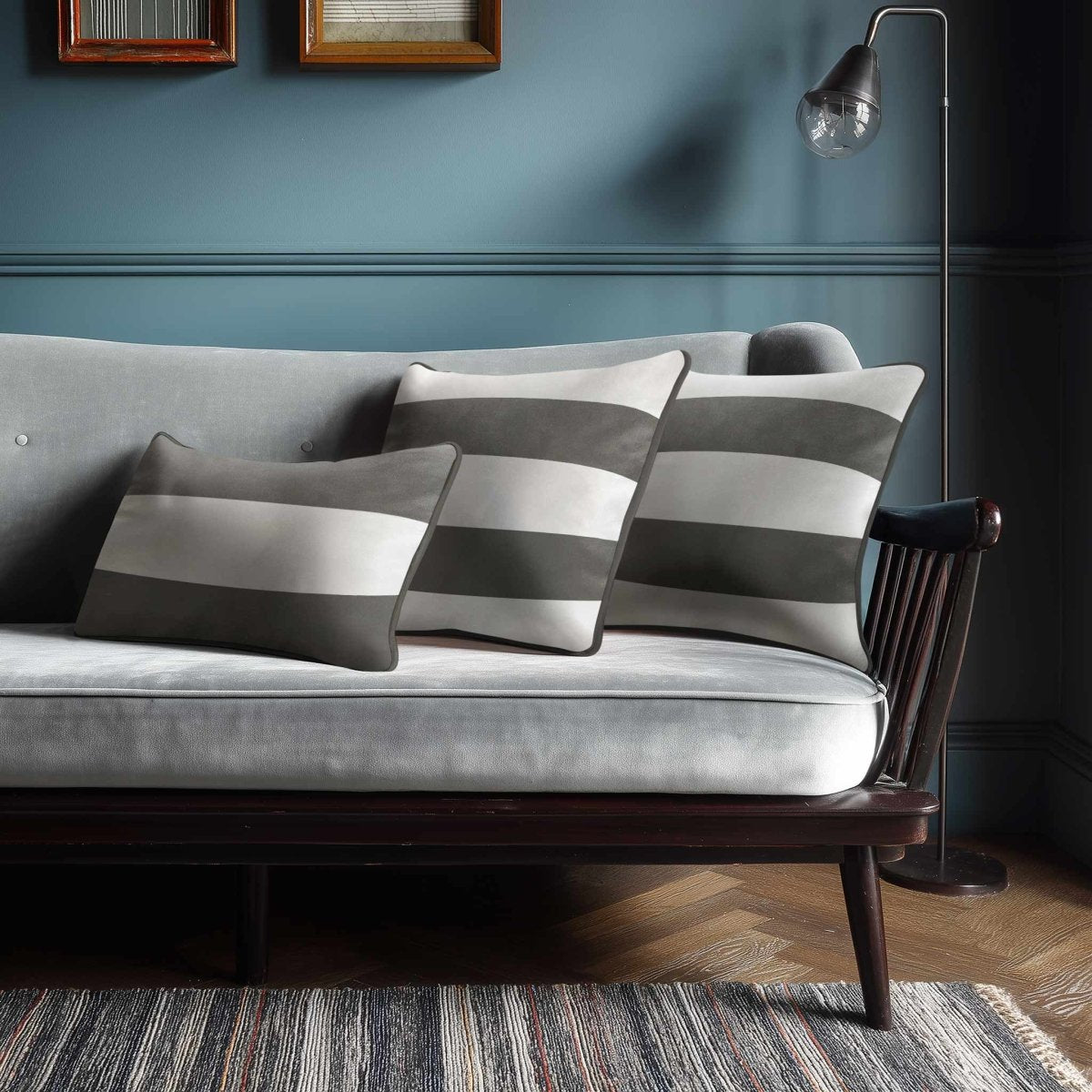 2 Stripes Horizontal with Piping | Sustainable Velvet Rectangle Cushion - Beluga 50 x 30 cm by Izabela Peters