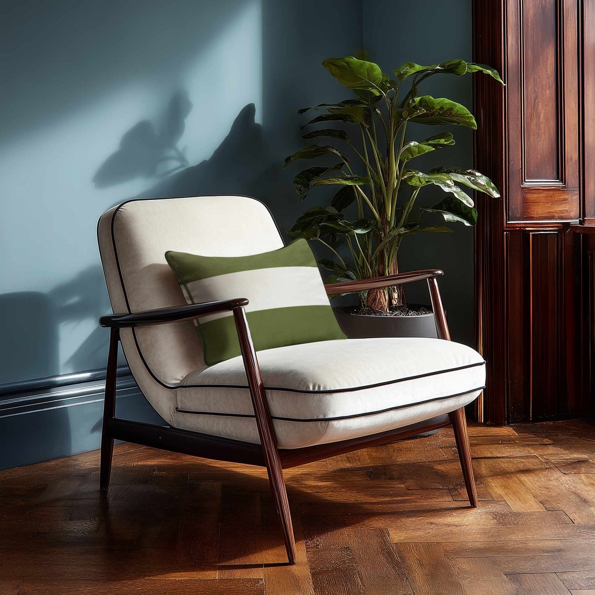 2 Stripes Horizontal with Piping | Sustainable Velvet Rectangle Cushion - Sage 50 x 30 cm by Izabela Peters