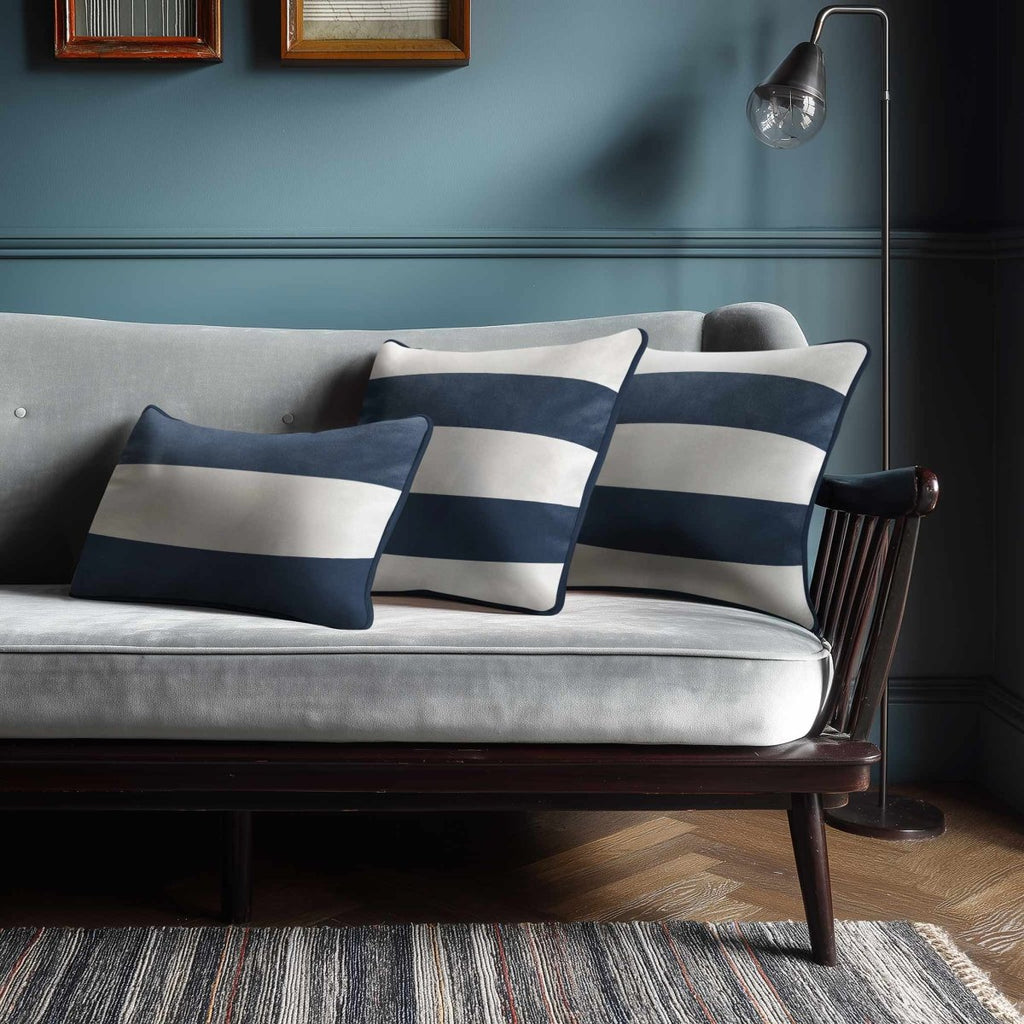 2 Stripes Horizontal with Piping | Sustainable Velvet Rectangle Cushion - Petrol Blue 50 x 30 cm by Izabela Peters