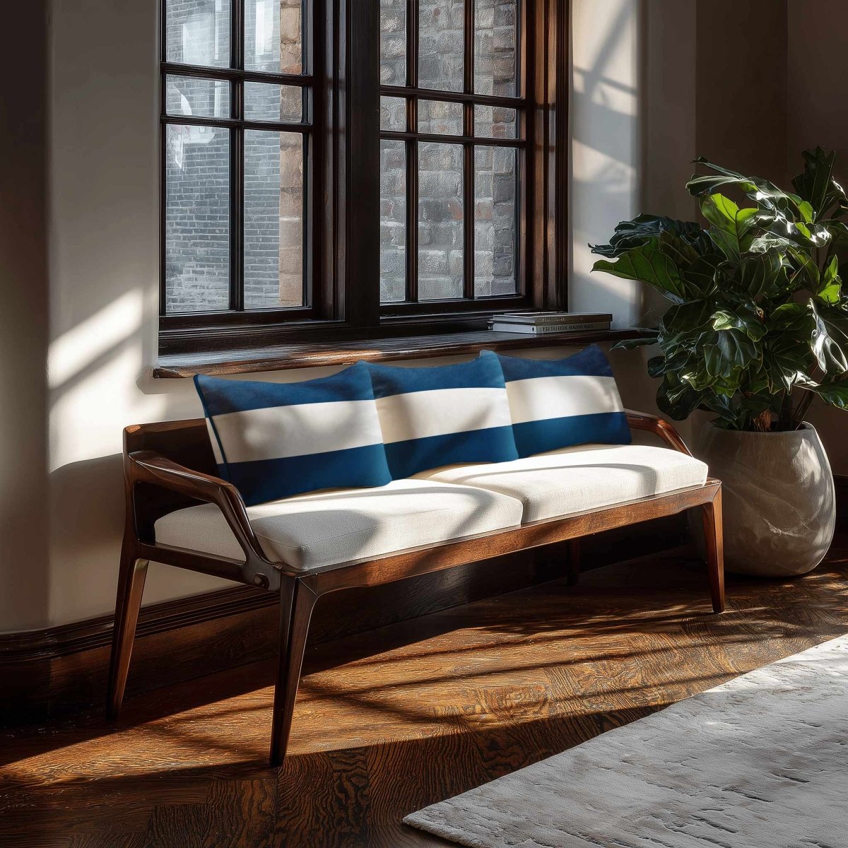 2 Stripes Horizontal with Piping | Sustainable Velvet Rectangle Cushion - Estate Blue 50 x 30 cm by Izabela Peters