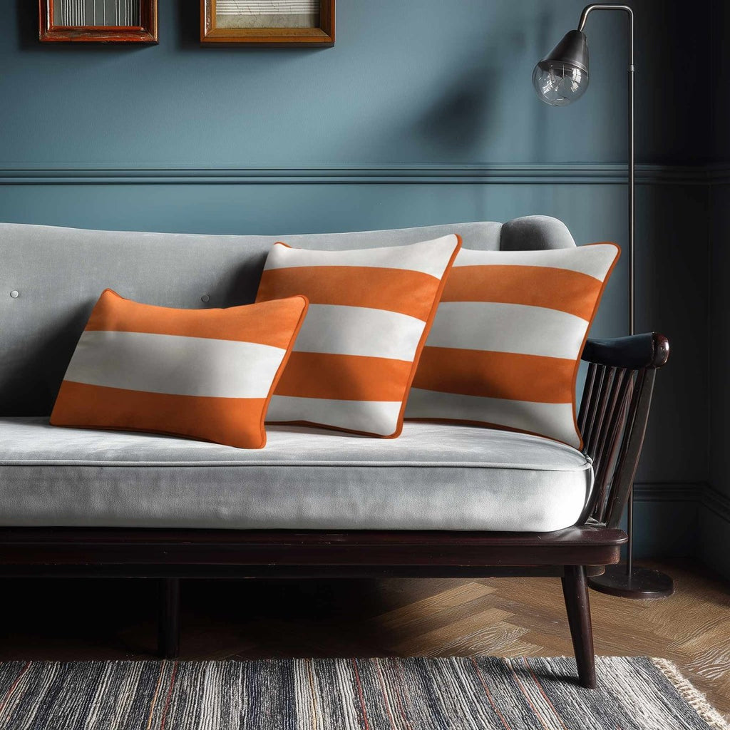 2 Stripes Horizontal with Piping | Sustainable Velvet Rectangle Cushion - Burnt Orange 50 x 30 cm by Izabela Peters