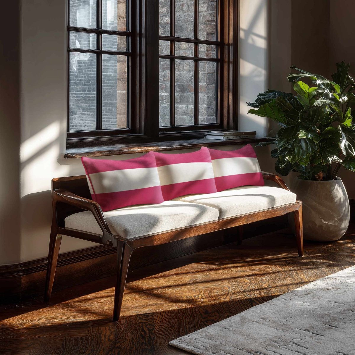 2 Stripes Horizontal with Piping | Sustainable Velvet Rectangle Cushion - Hot Pink 50 x 30 cm by Izabela Peters