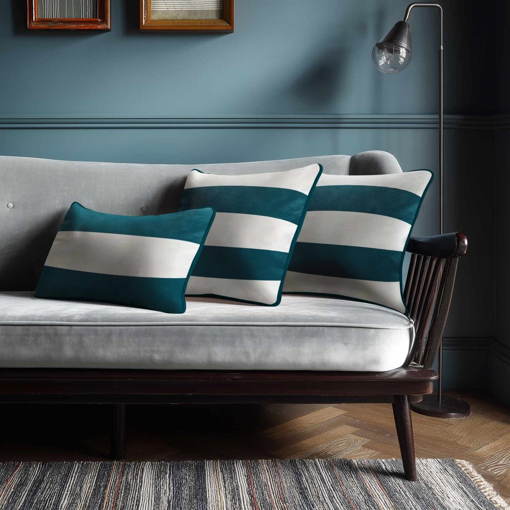 2 Stripes Horizontal with Piping | Sustainable Velvet Rectangle Cushion - Teal 50 x 30 cm by Izabela Peters
