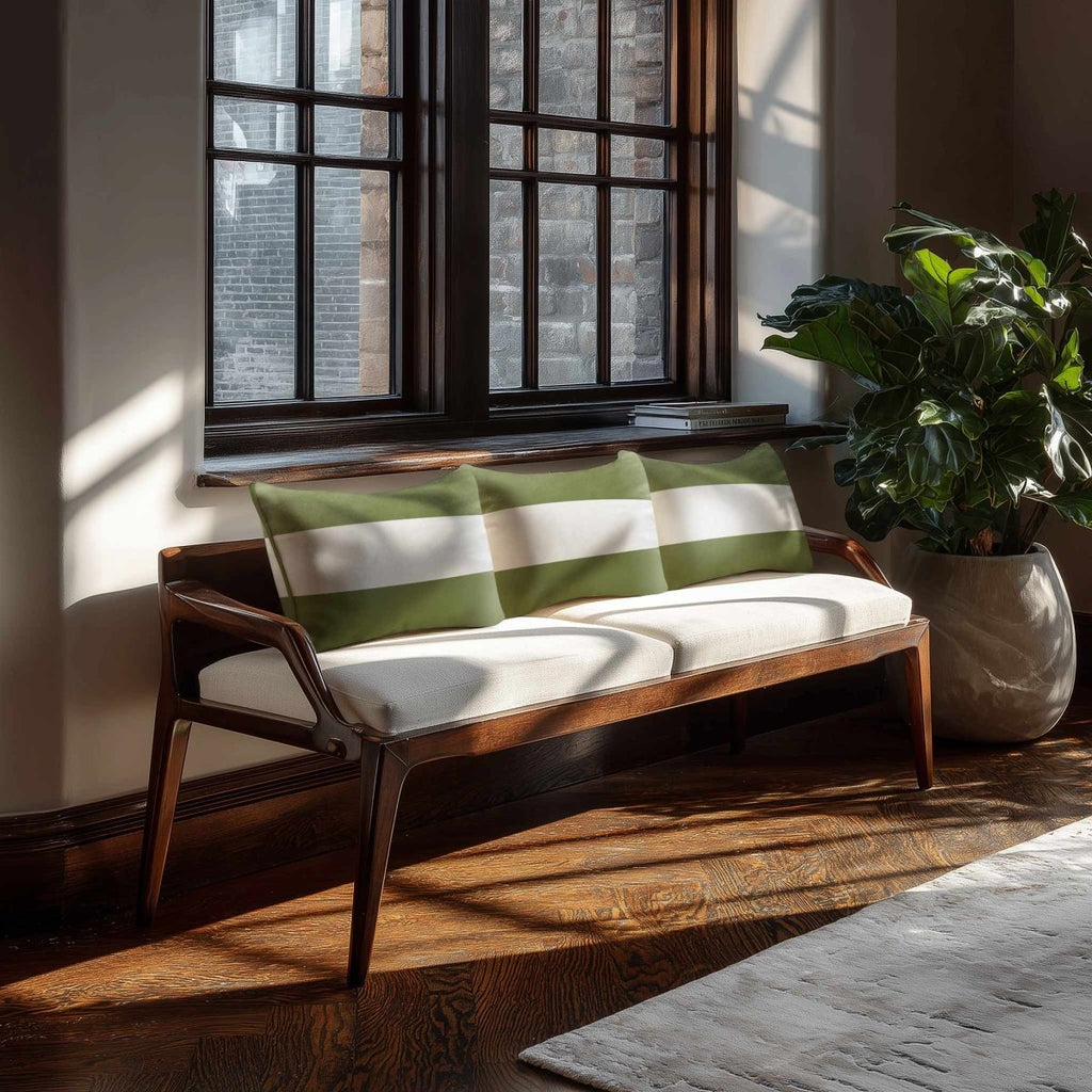 2 Stripes Horizontal with Piping | Sustainable Velvet Rectangle Cushion - Sage 50 x 30 cm by Izabela Peters