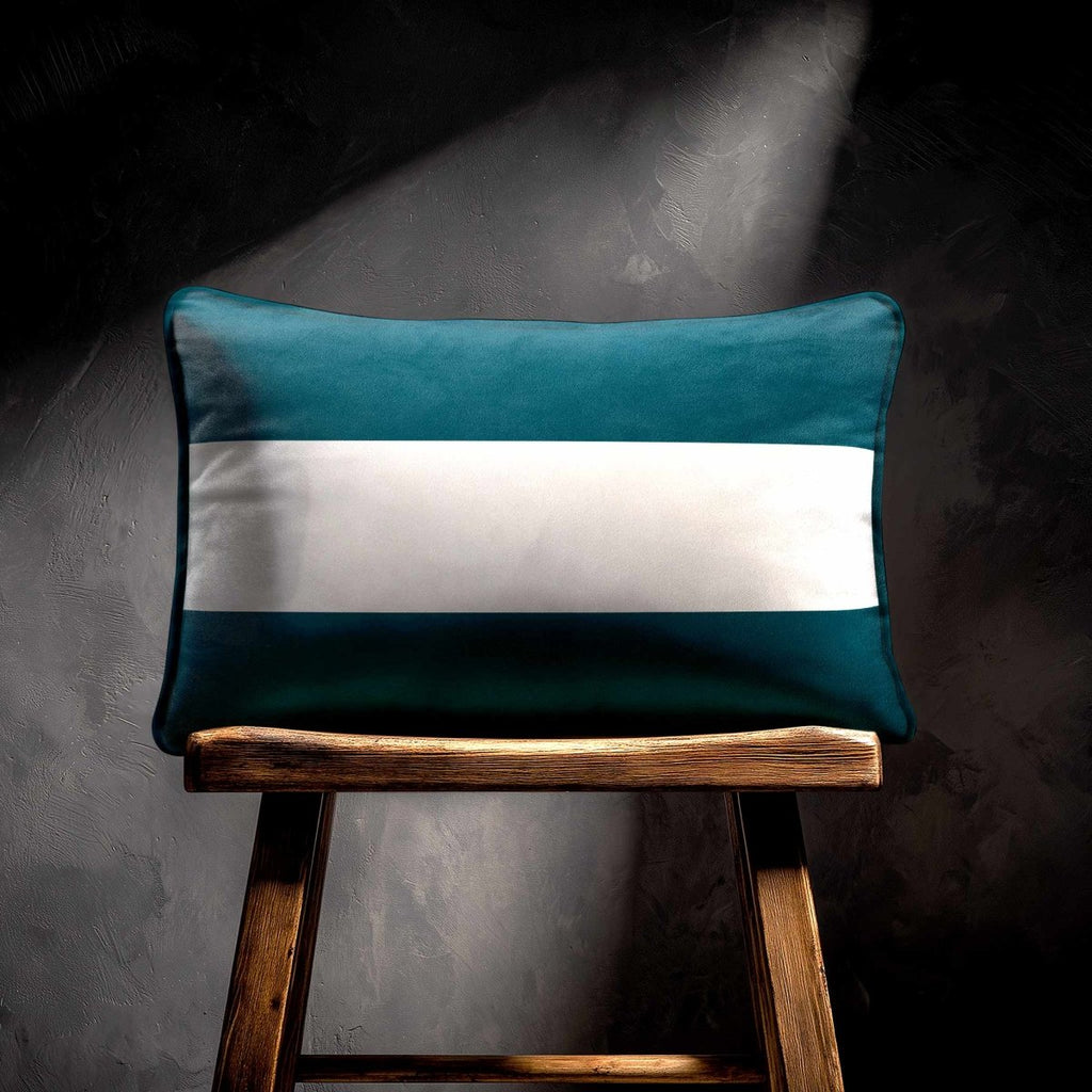 2 Stripes Horizontal with Piping | Sustainable Velvet Rectangle Cushion - Teal 50 x 30 cm by Izabela Peters
