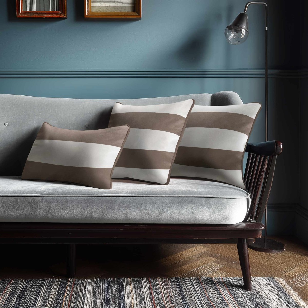 2 Stripes Horizontal with Piping | Sustainable Velvet Rectangle Cushion - Dovedale Stone 50 x 30 cm by Izabela Peters