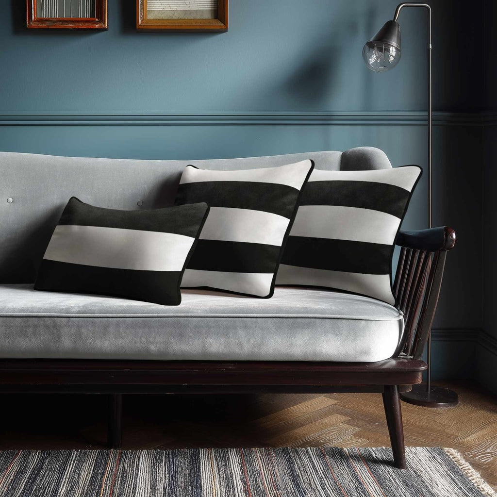 2 Stripes Horizontal with Piping | Sustainable Velvet Rectangle Cushion - Charcoal 50 x 30 cm by Izabela Peters
