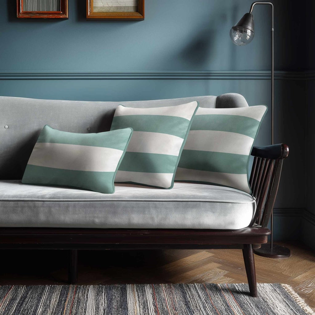 2 Stripes Horizontal with Piping | Sustainable Velvet Rectangle Cushion - Blue Surf 50 x 30 cm by Izabela Peters
