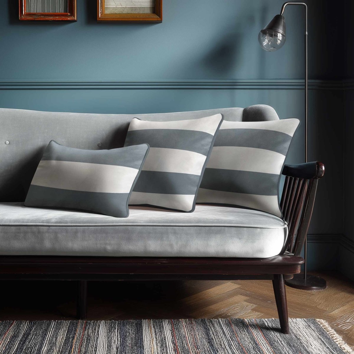2 Stripes Horizontal with Piping | Sustainable Velvet Rectangle Cushion - French Grey 50 x 30 cm by Izabela Peters