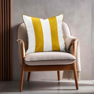 2 Stripes velvet cushion in Mustard Ochre, piped