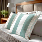 2 Stripes velvet cushion in Blue Surf, piped