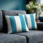 2 Stripes velvet cushion in Prussian Blue, piped