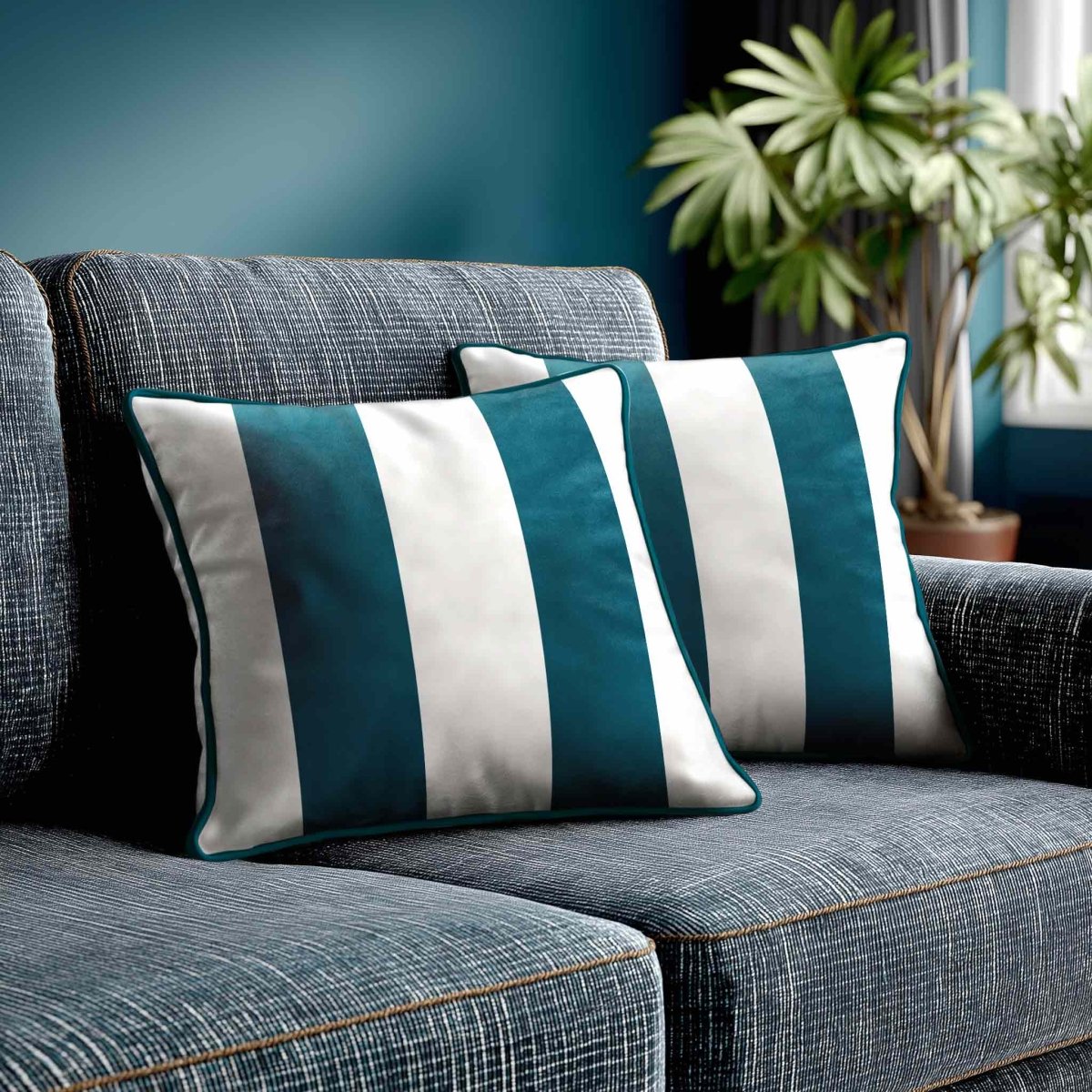 2 Stripes | Sustainable Velvet Cushion with Piping - Teal 40 x 40 cm by Izabela Peters