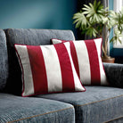 2 Stripes velvet cushion in Raspberry Red, piped