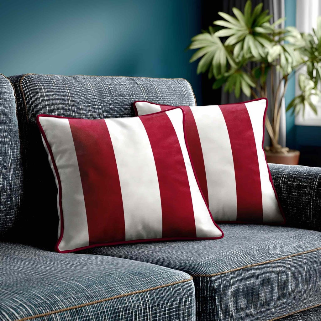 2 Stripes | Sustainable Velvet Cushion with Piping - Raspberry Red 40 x 40 cm by Izabela Peters