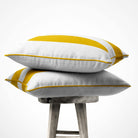 2 Stripes velvet cushion in Mustard Ochre, piped