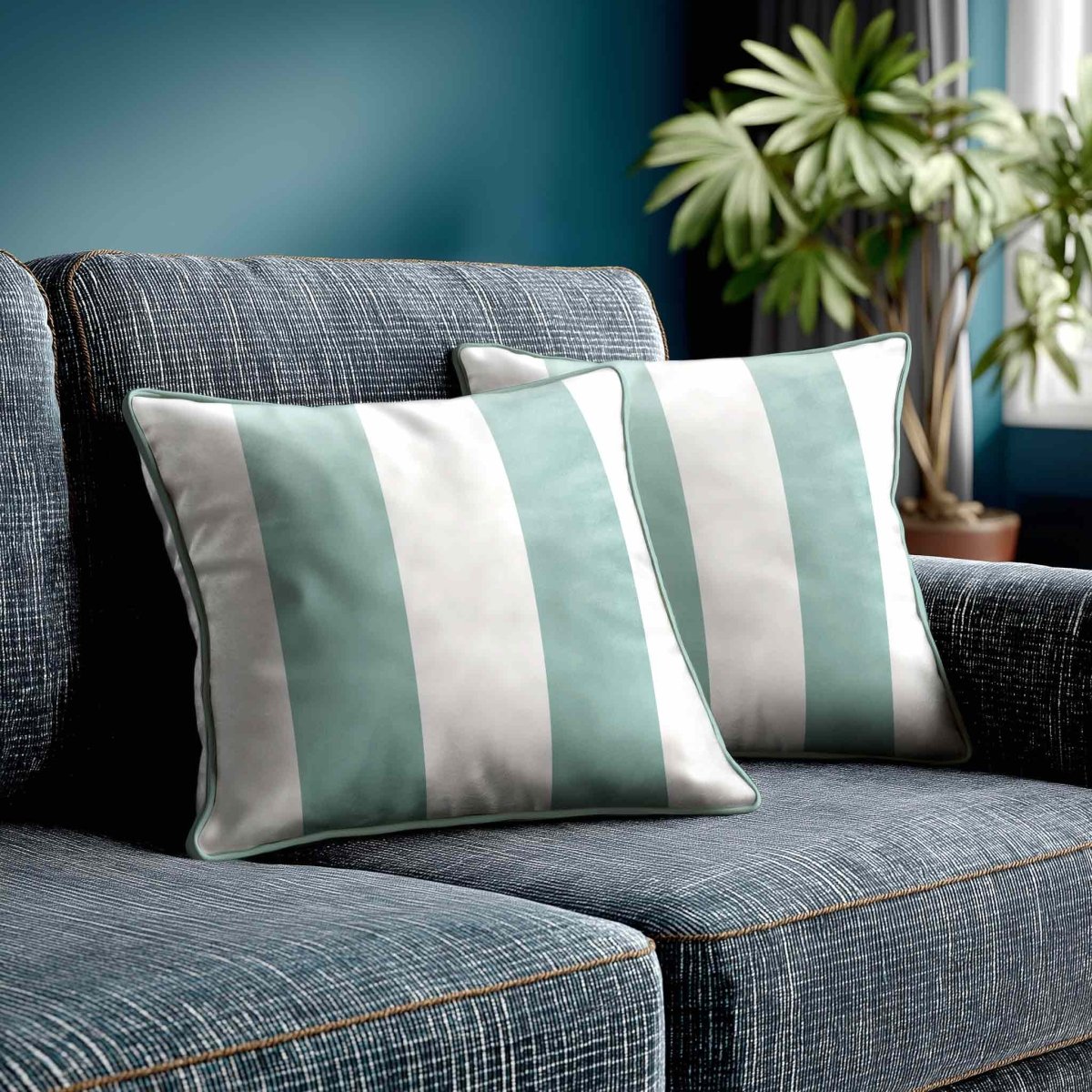 2 Stripes | Sustainable Velvet Cushion with Piping - Blue Surf 40 x 40 cm by Izabela Peters