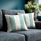 2 Stripes velvet cushion in Blue Surf, piped