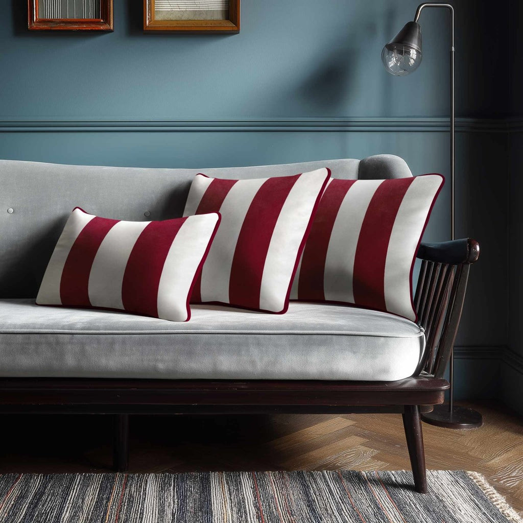 2 Stripes with Piping | Sustainable Velvet Rectangle Cushion - Raspberry Red 50 x 30 cm by Izabela Peters