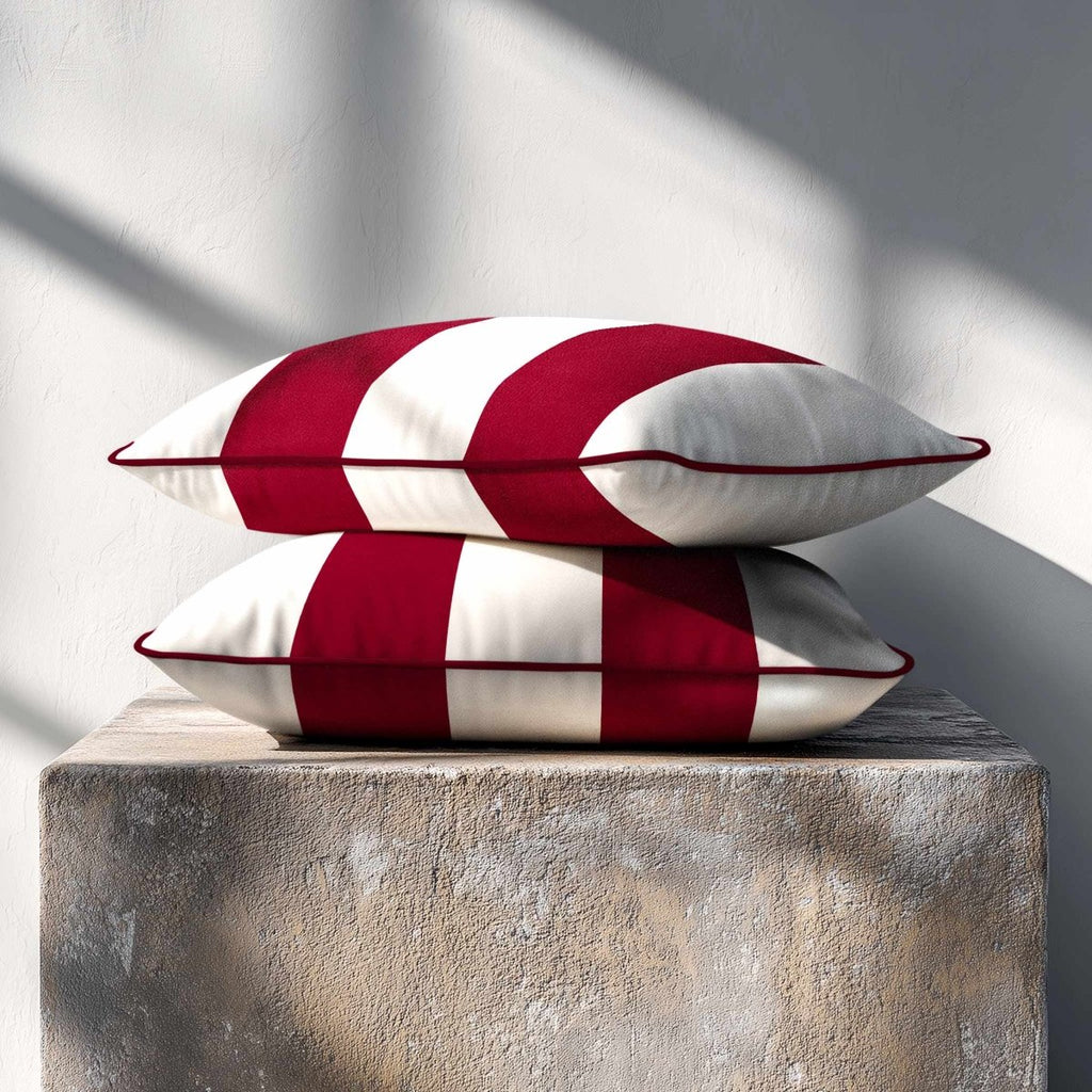 2 Stripes with Piping | Sustainable Velvet Rectangle Cushion - Raspberry Red 50 x 30 cm by Izabela Peters
