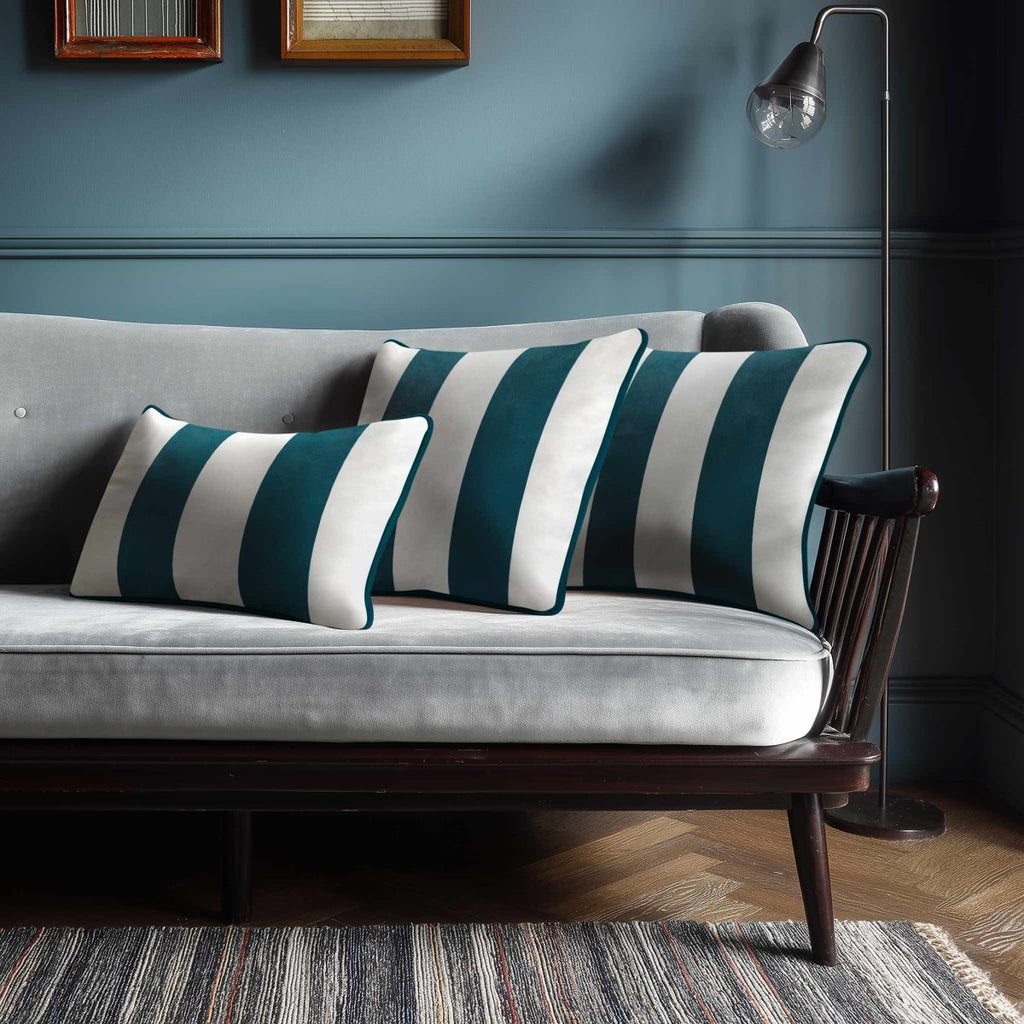 2 Stripes with Piping | Sustainable Velvet Rectangle Cushion - Teal 50 x 30 cm by Izabela Peters