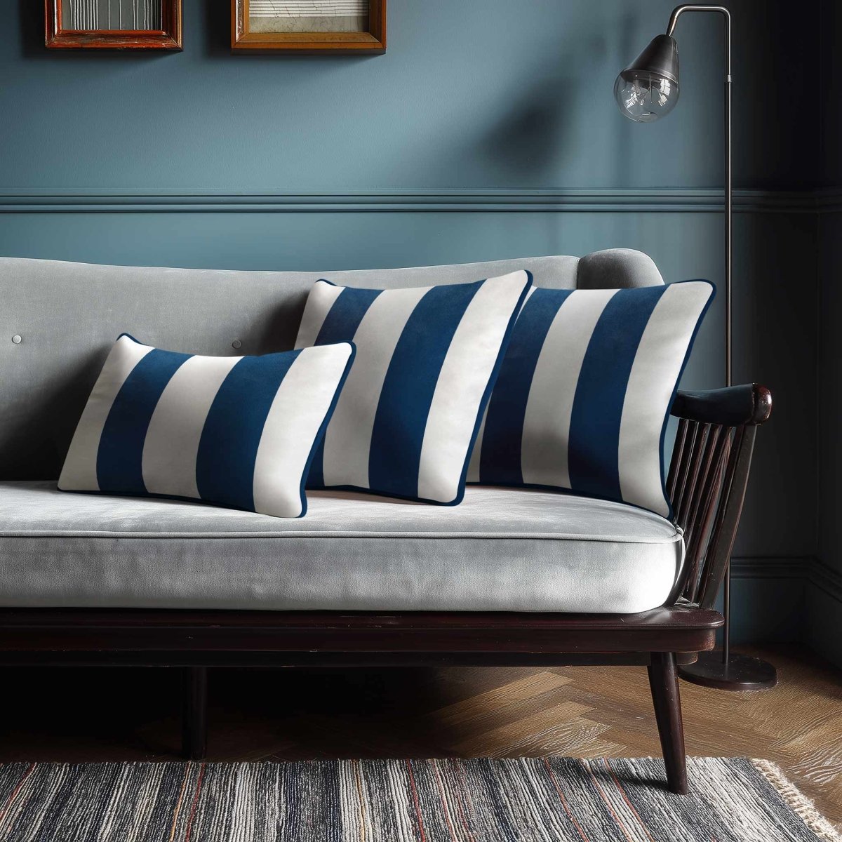 2 Stripes with Piping | Sustainable Velvet Rectangle Cushion - Estate Blue 50 x 30 cm by Izabela Peters