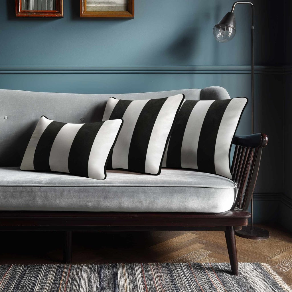 2 Stripes with Piping | Sustainable Velvet Rectangle Cushion - Charcoal 50 x 30 cm by Izabela Peters