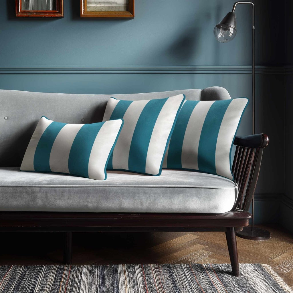 2 Stripes with Piping | Sustainable Velvet Rectangle Cushion - Prussian Blue 50 x 30 cm by Izabela Peters