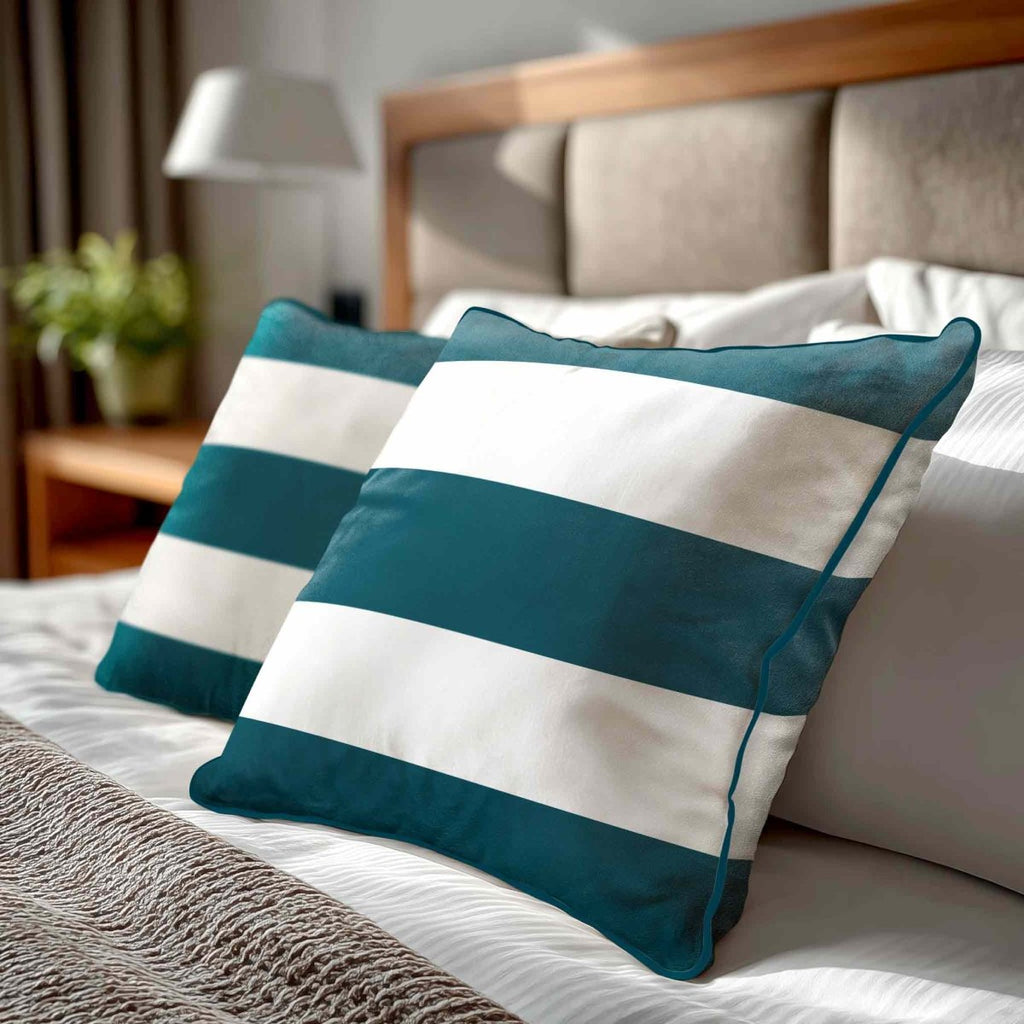 3 Stripes Horizontal | Sustainable Velvet Cushion with Piping - Teal 40 x 40 cm by Izabela Peters