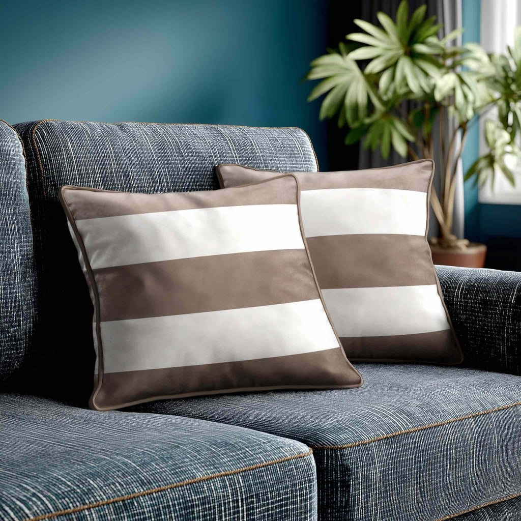 3 Stripes Horizontal | Sustainable Velvet Cushion with Piping - Dovedale Stone 40 x 40 cm by Izabela Peters