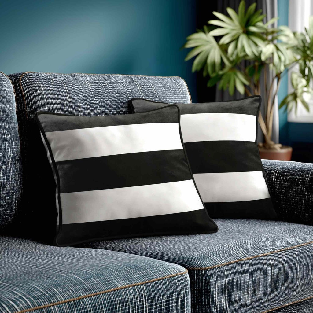3 Stripes Horizontal | Sustainable Velvet Cushion with Piping - Charcoal 40 x 40 cm by Izabela Peters