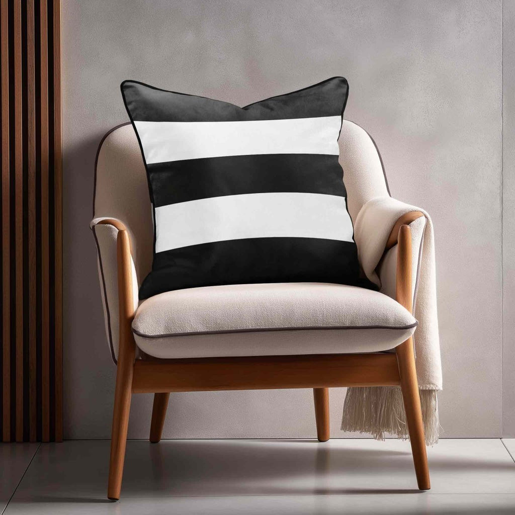 3 Stripes Horizontal | Sustainable Velvet Cushion with Piping - Charcoal 40 x 40 cm by Izabela Peters