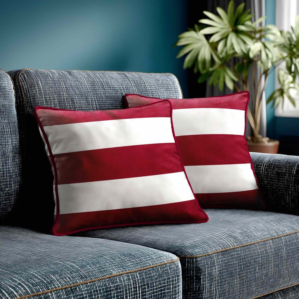 3 Stripes Horizontal | Sustainable Velvet Cushion with Piping - Raspberry Red 40 x 40 cm by Izabela Peters
