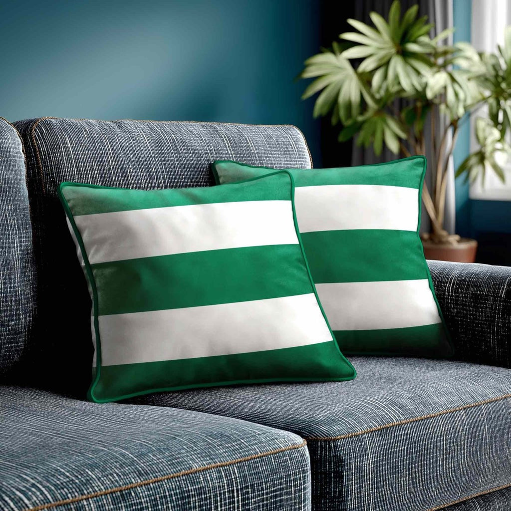 3 Stripes Horizontal | Sustainable Velvet Cushion with Piping - Emerald Green 40 x 40 cm by Izabela Peters