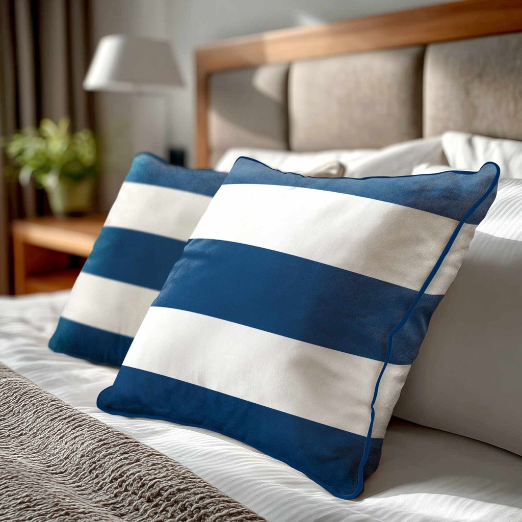 3 Stripes Horizontal | Sustainable Velvet Cushion with Piping - Estate Blue 40 x 40 cm by Izabela Peters