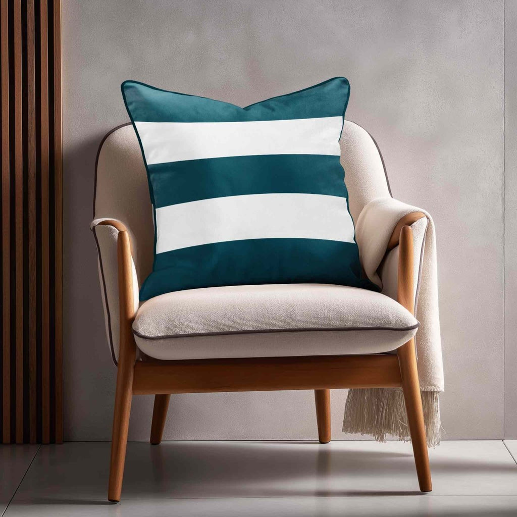 3 Stripes Horizontal | Sustainable Velvet Cushion with Piping - Teal 40 x 40 cm by Izabela Peters