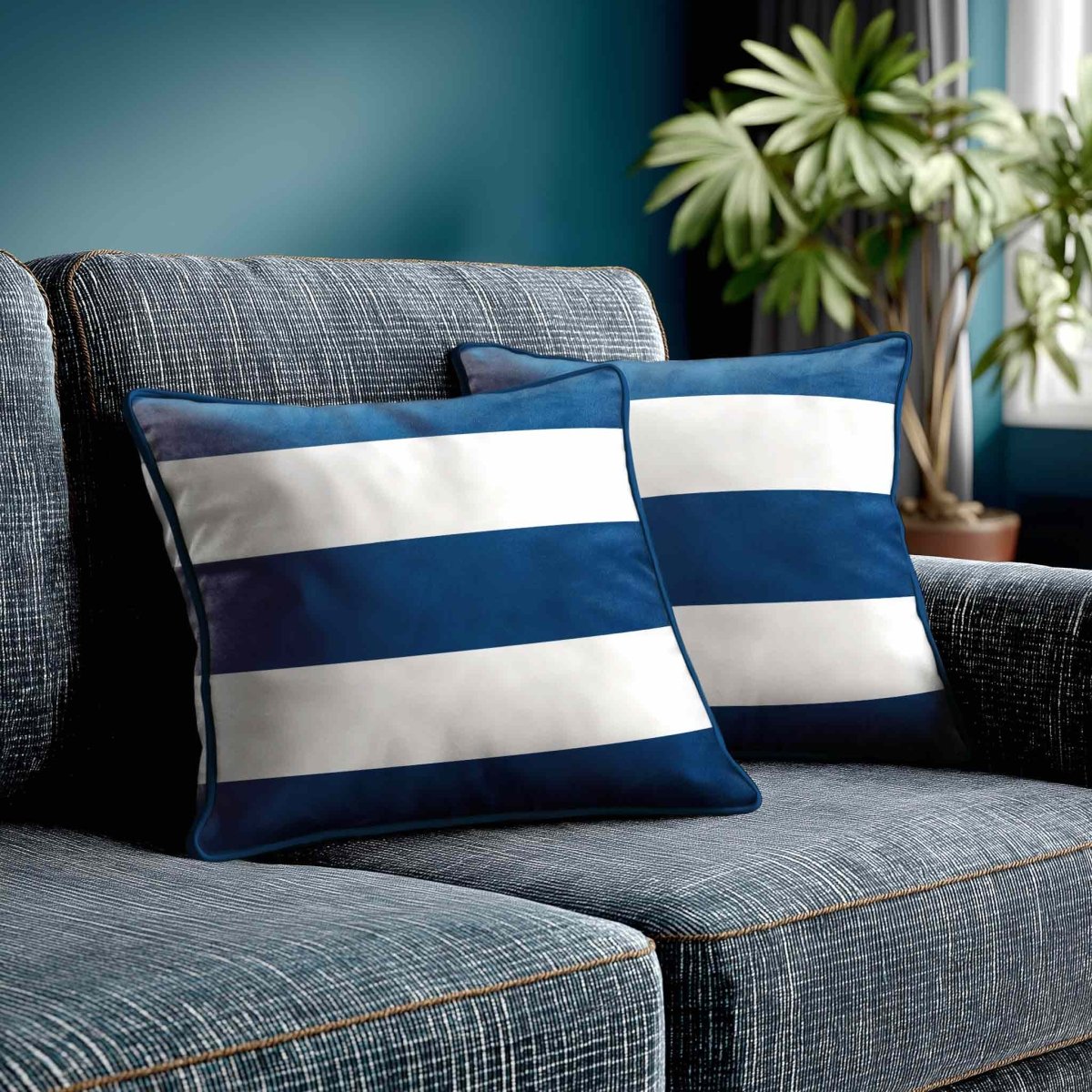 3 Stripes Horizontal | Sustainable Velvet Cushion with Piping - Estate Blue 40 x 40 cm by Izabela Peters