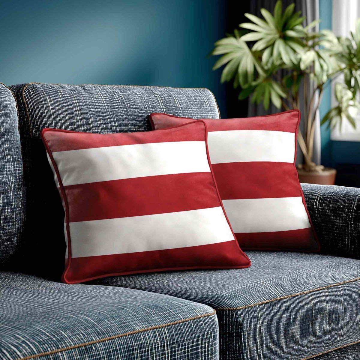 3 Stripes Horizontal | Sustainable Velvet Cushion with Piping - Crimson Muse 40 x 40 cm by Izabela Peters