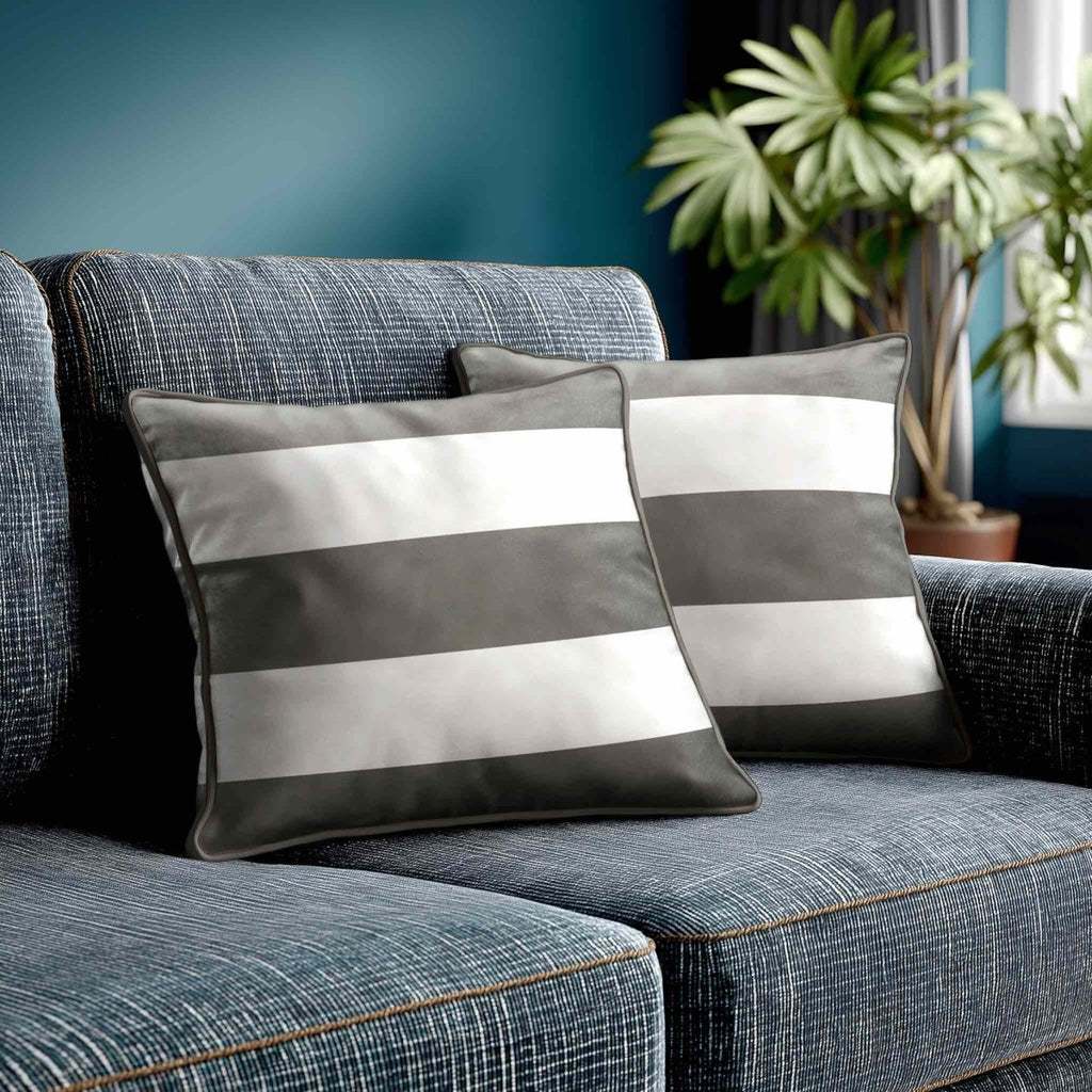 3 Stripes Horizontal | Sustainable Velvet Cushion with Piping - Beluga 40 x 40 cm by Izabela Peters