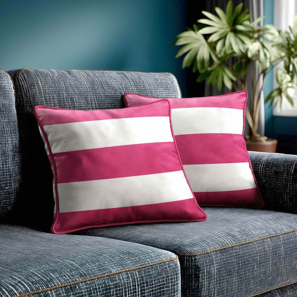 3 Stripes Horizontal | Sustainable Velvet Cushion with Piping - Hot Pink 40 x 40 cm by Izabela Peters