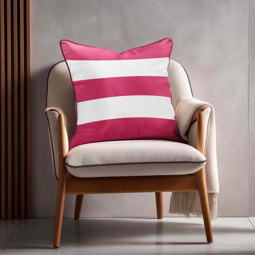 3 Stripes Horizontal | Sustainable Velvet Cushion with Piping - Hot Pink 40 x 40 cm by Izabela Peters