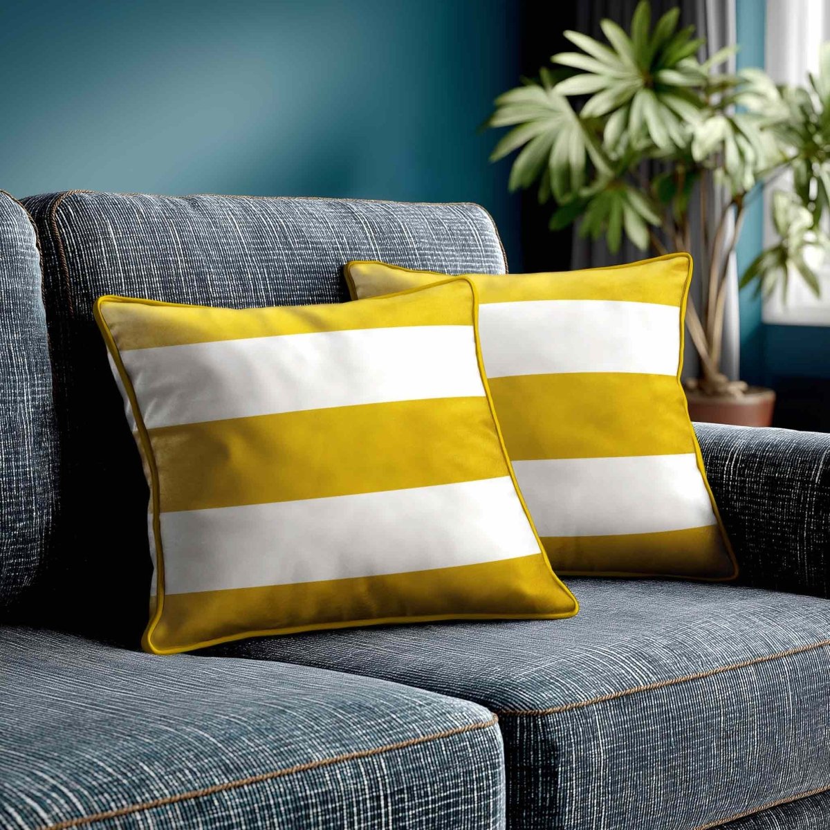 3 Stripes Horizontal | Sustainable Velvet Cushion with Piping - Mustard Ochre 40 x 40 cm by Izabela Peters