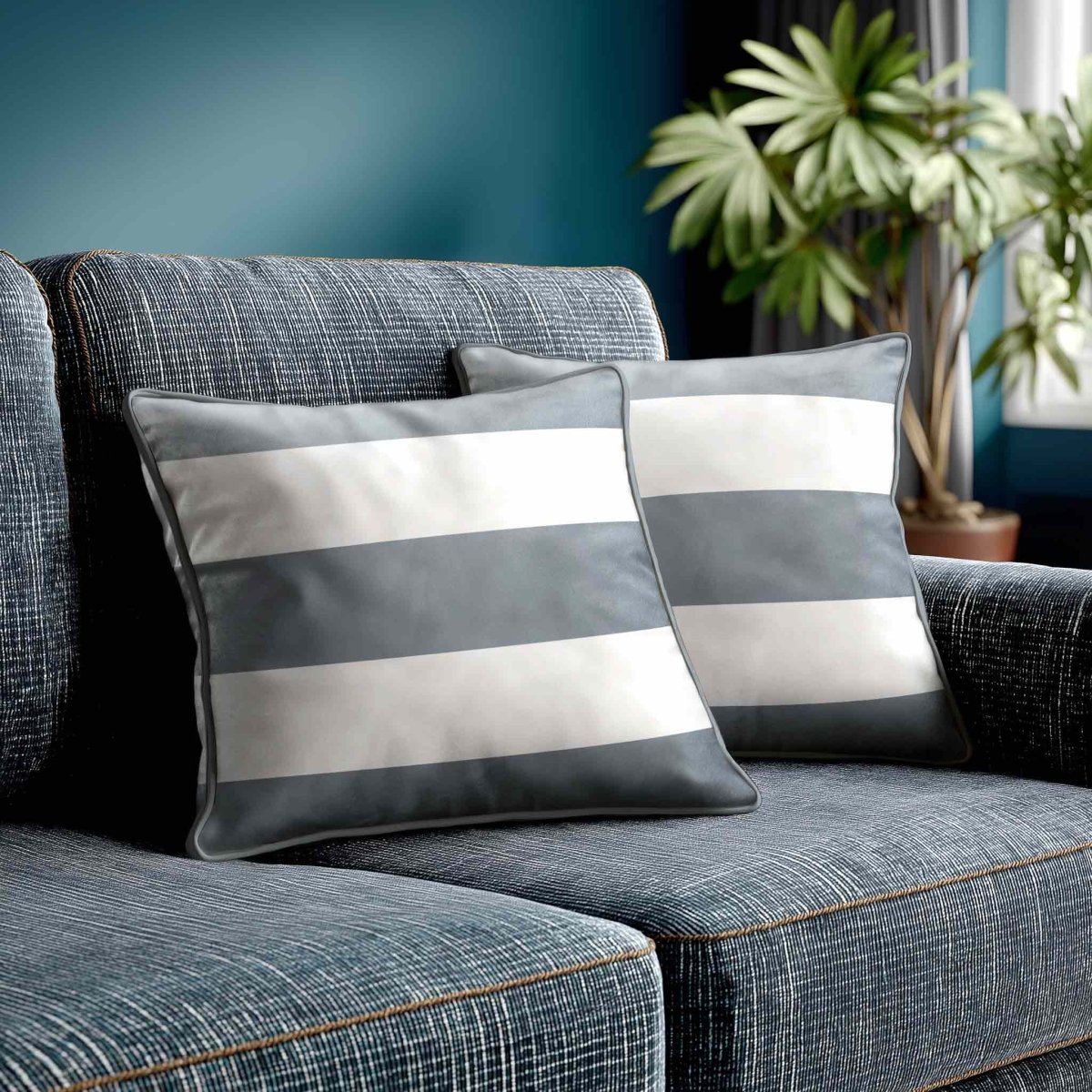 3 Stripes Horizontal | Sustainable Velvet Cushion with Piping - French Grey 40 x 40 cm by Izabela Peters