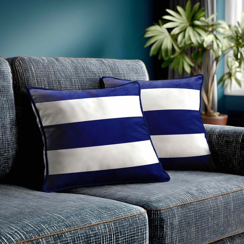3 Stripes Horizontal | Sustainable Velvet Cushion with Piping - Midnight 40 x 40 cm by Izabela Peters