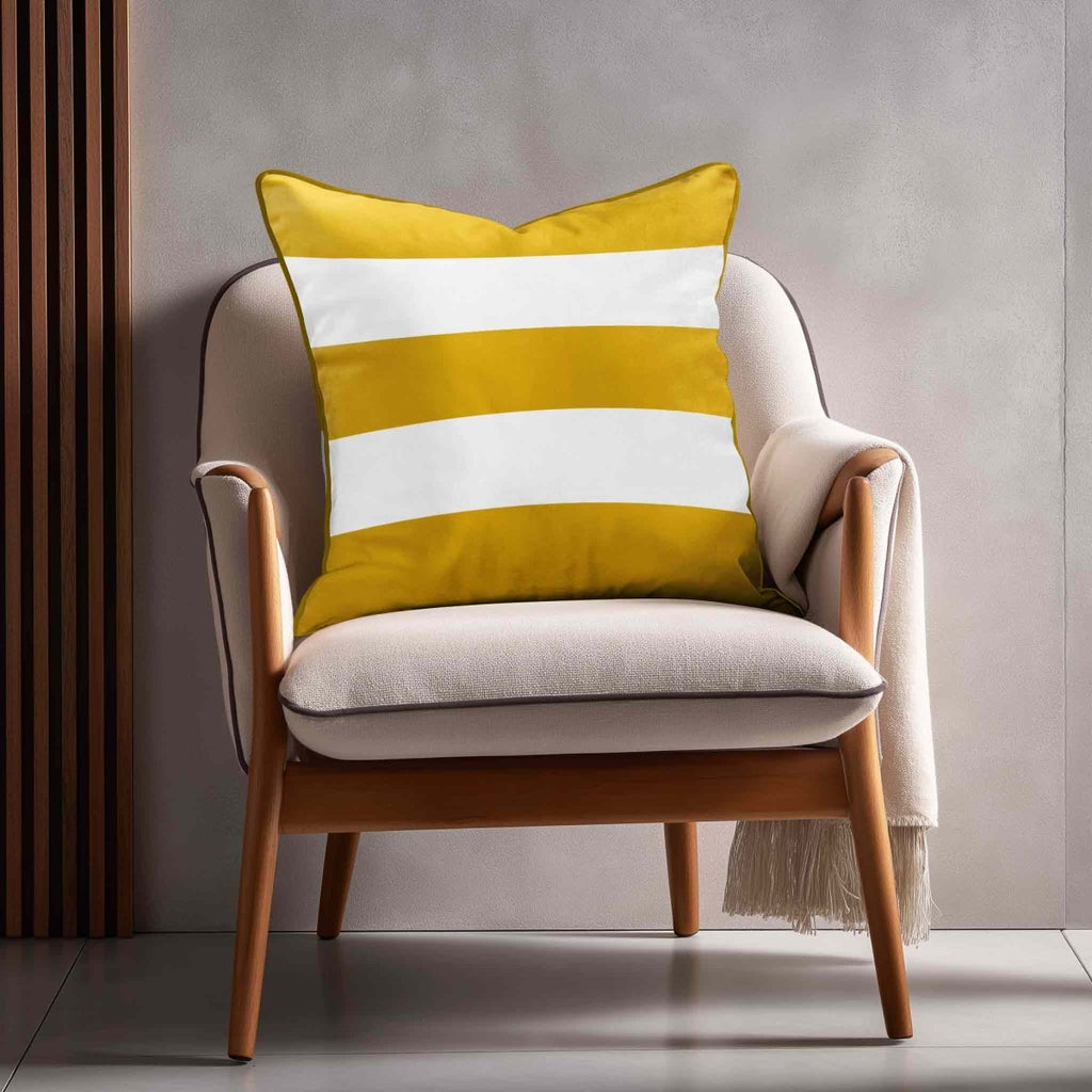 3 Stripes Horizontal | Sustainable Velvet Cushion with Piping - Mustard Ochre 40 x 40 cm by Izabela Peters