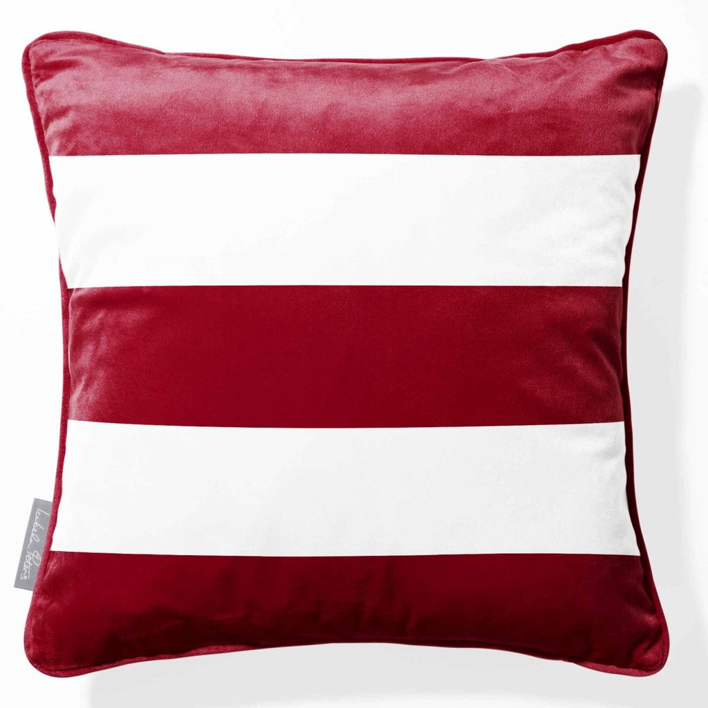 3 Stripes Horizontal | Sustainable Velvet Cushion with Piping - Raspberry Red 40 x 40 cm by Izabela Peters