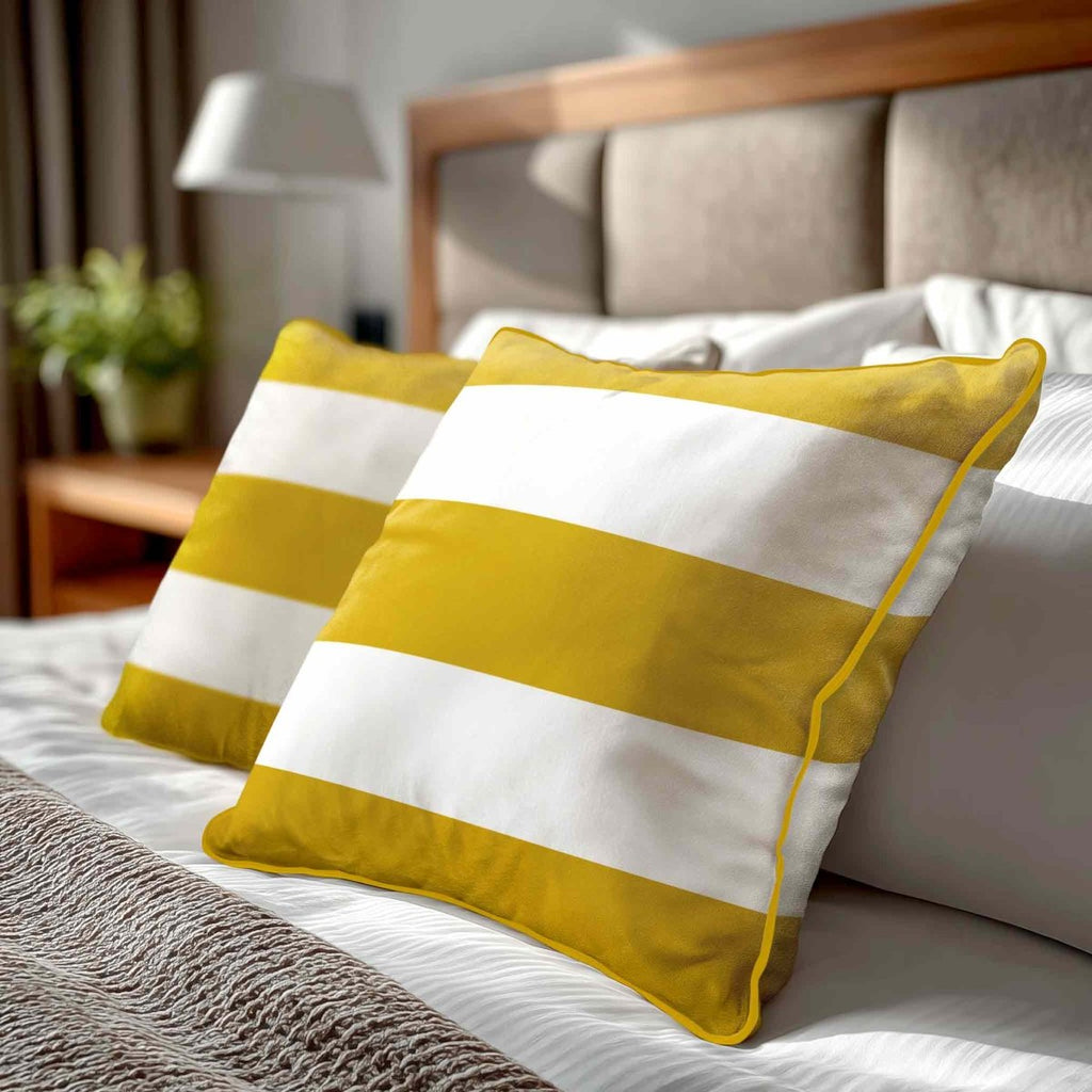 3 Stripes Horizontal | Sustainable Velvet Cushion with Piping - Mustard Ochre 40 x 40 cm by Izabela Peters