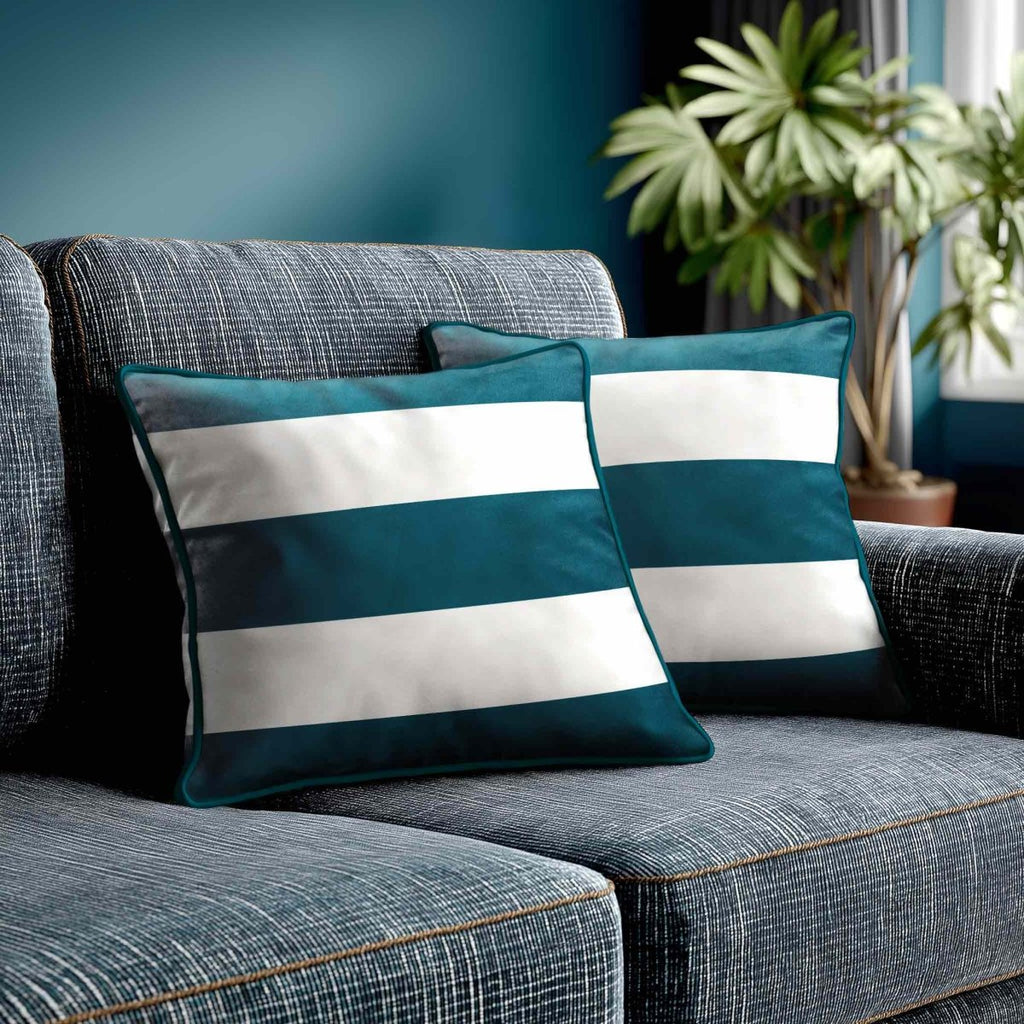 3 Stripes Horizontal | Sustainable Velvet Cushion with Piping - Teal 40 x 40 cm by Izabela Peters
