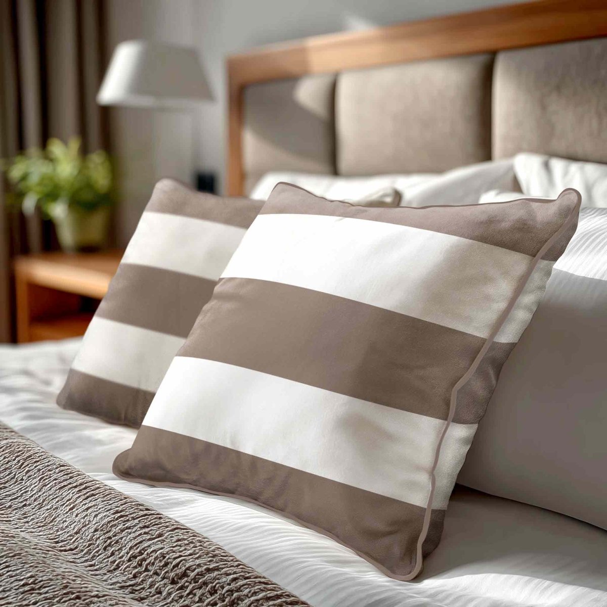 3 Stripes Horizontal | Sustainable Velvet Cushion with Piping - Dovedale Stone 40 x 40 cm by Izabela Peters