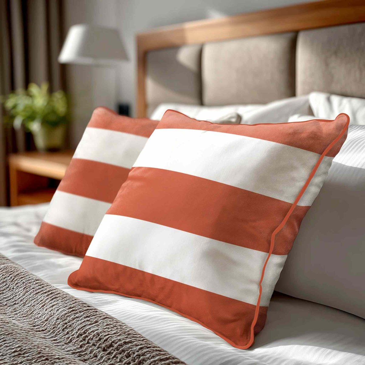 3 Stripes Horizontal | Sustainable Velvet Cushion with Piping - Burnt Ochre 40 x 40 cm by Izabela Peters